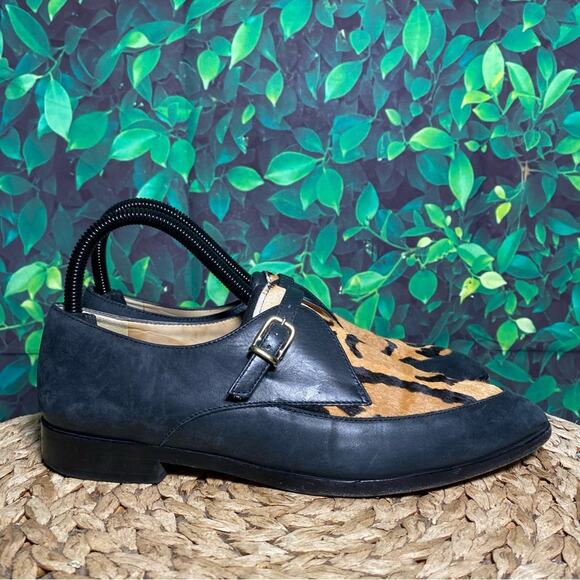 J crew black leather calf hair tiger animal print loafers women 7 - Picture 2 of 8